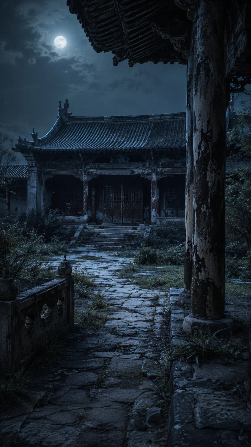 ฉากวัดร้างยามค่ำคืนในภาพยนตร์ The Enchanting Shadow (1960) บรรยากาศเงียบสงัดและงดงาม